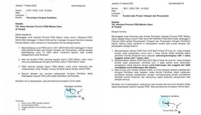 Surat PSSI Pusat kepada Asprov Malut